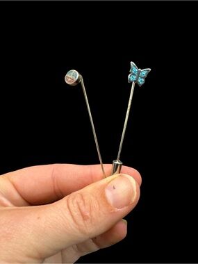 Vintage Pair Navajo Sterling Silver Crushed Turquoise Coral Stick Pins